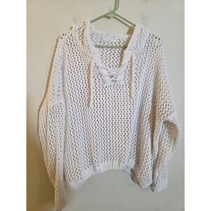 Stitch + Feather Cream Open Knit Lace Up Hoodie Sweater ML Oversized Boho